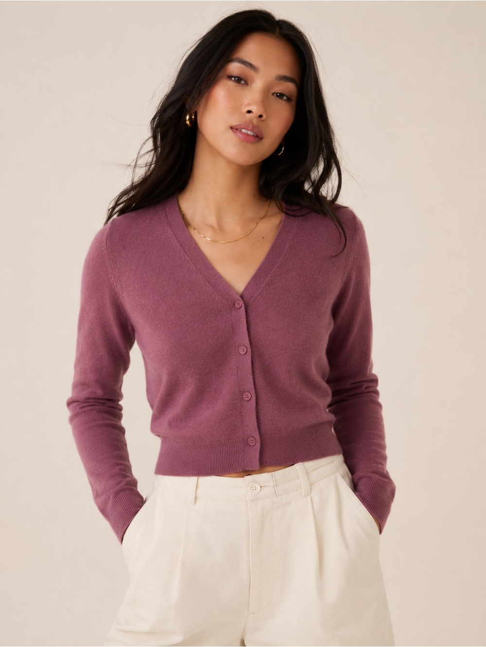 Aritzia 100% Cashmere Cropped V-Neck Cardigan Sweater Mauve Size Medium